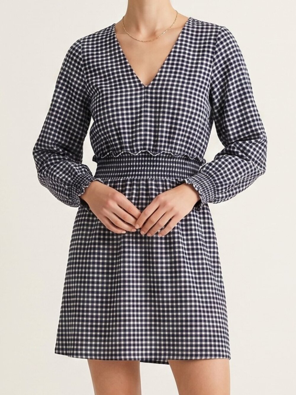 Zara Mini Dress Gingham Check Navy White Smocked Waist Cotton S